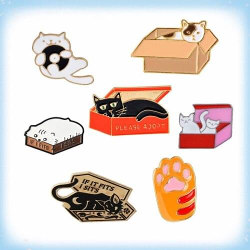 Cat Box Animal Enamel Pins Collection Paw Cat Print Brooches Cat Lapel Pin Kitty Badges Women Girl Animal Lover Jewelry Gifts