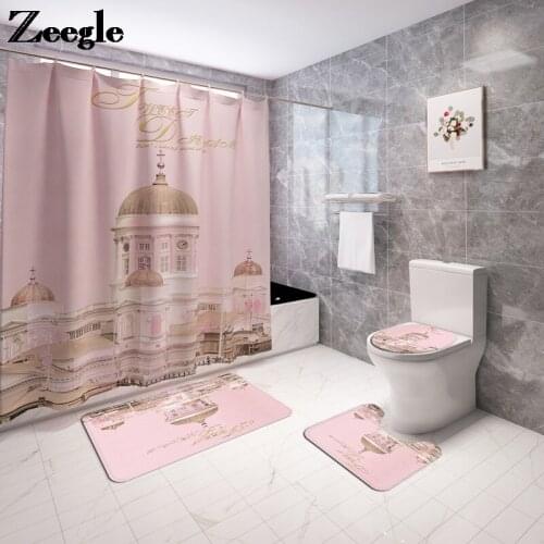 Flannel Shower Curtain Set Bathroom Toilet Mat Set Anti Slip Bath Mat Waterproof U-Shaped Toilet Rug with Absorbent Foot Rug Set
