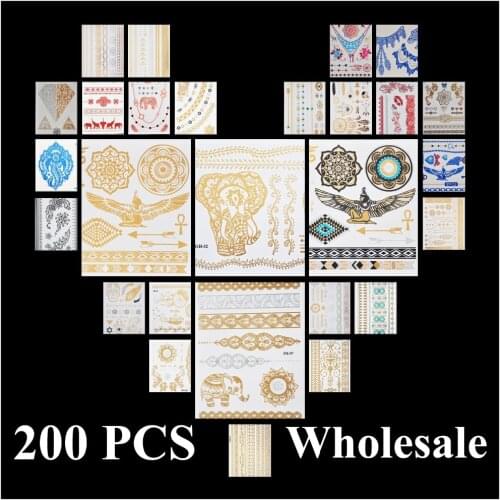 [ glaryyears ] 200pcs Wholesale Bulk Order Free DHL Gold Silver White Black Henna 3D Metallic Temporary Flash Tattoo Waterproof