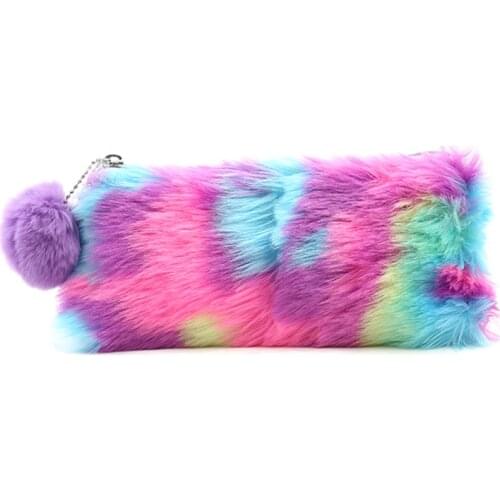 Korean Penal Cute Plush School Pencil Case Cosmetic Bag Rainbow for Girls Large Big Pen Bag Stationery Pouch Box Supplies