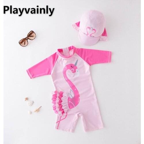 Baby Girls Swimming Wear Pink Cartoon Swan One Piece Swimsuits with Hat Children Fashion Swimwear E71442