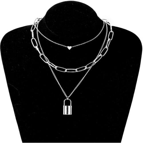 Multilayer Necklace Women Cross Pendant Necklace Punk Style Street Geometric Long Chain Key Lock Pendant Jewelry Accessories