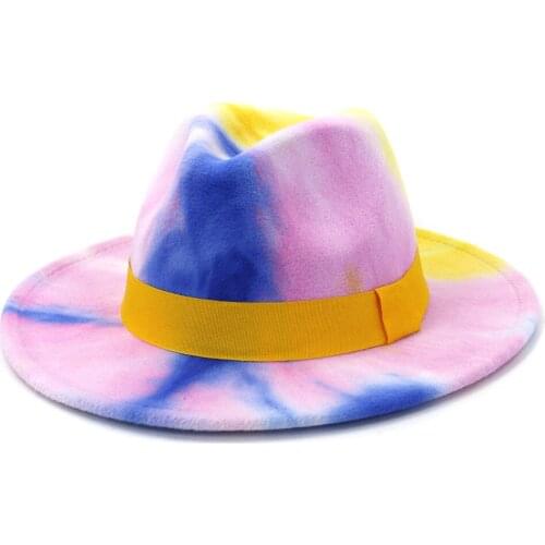 Fashion new tie-dye top hat womens fedora hat flat brim woolen top hat mens big-edge straight side jazz hat