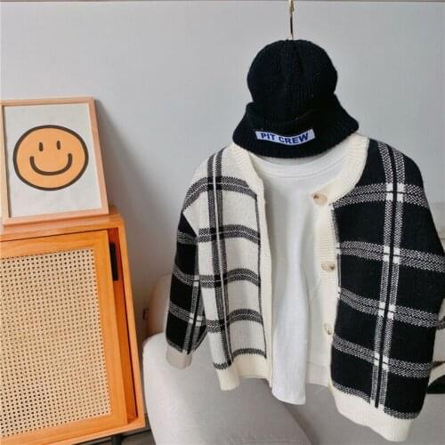 Autumn Kids Cloth Unisex Patchwork Kids Plaid Sweaters Boys and Girls Soft Loose Casual Childen Clothing Knitted Cardigans Coats