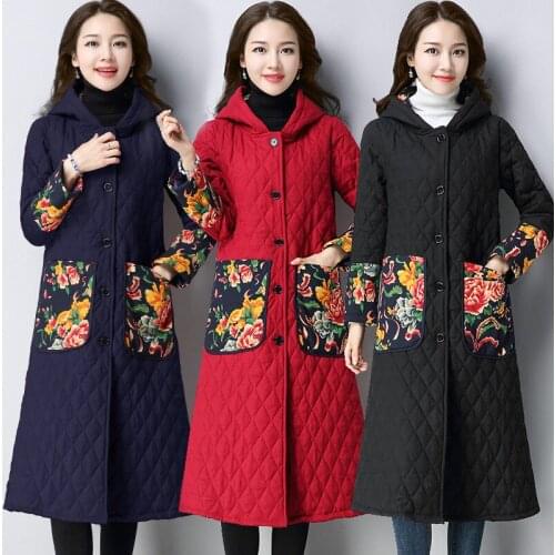 Middle-aged Women Winter Coat New Print Hooded Long Cotton Pad Outerwear Large Size Thicke Warm Cotton Linen Women Parkas AA934