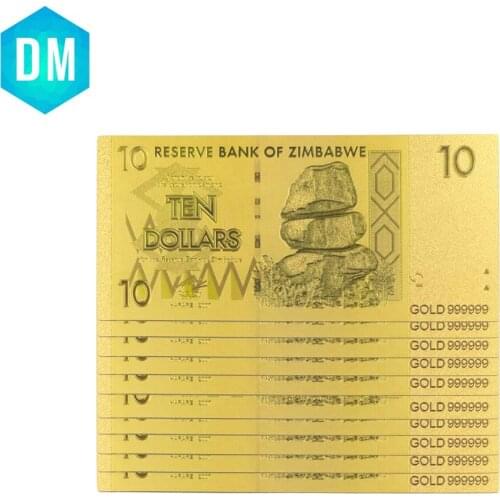 Festival Souvenir Gifts 10 Dollar Zimbabwe 24k Gold Banknote Collectible Note Money Art Crafts 10pcs Worth Collections