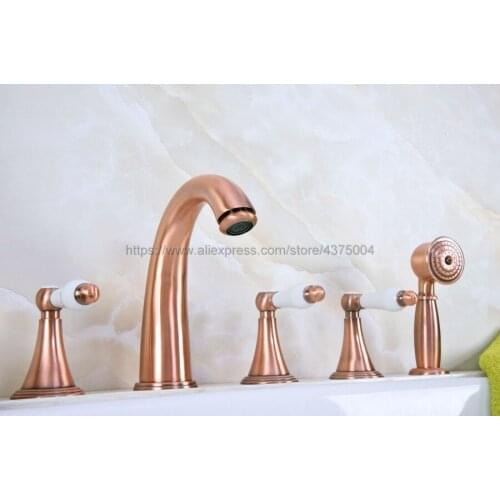 Widespread Antique Red Copper 5 Holes 3 Handles Bathroom Tub Faucet W/ Hand Shower Mixer Tap Ntf209