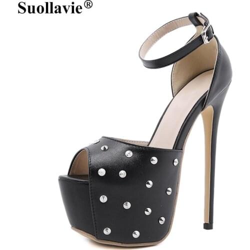 Suollavie catwalk thin high heel model with sexy black platform 16cm ladies sandals summer rivets stiletto shoes strippers 35-42