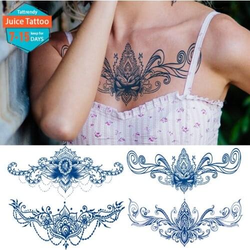 Juice lasting large breast temporary tattoo for women girls back tattoos underboob fake henna mandala henna tatoo lace flowers