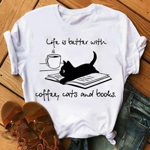 Coffee Cats Printing Women Tee Shirt O-Neck Casaul Graphic T-shirt Women Cute Cartoon Short Sleeve Top Tee Korean Style T-Shirt
