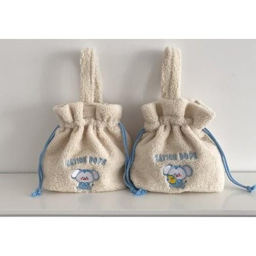 Women Small Plush Tote Drawstring Design Warm Cloth Wrist Bags Cartoon Embroidery Soft Handbag Eco Makeup Bag Purses For Girls
