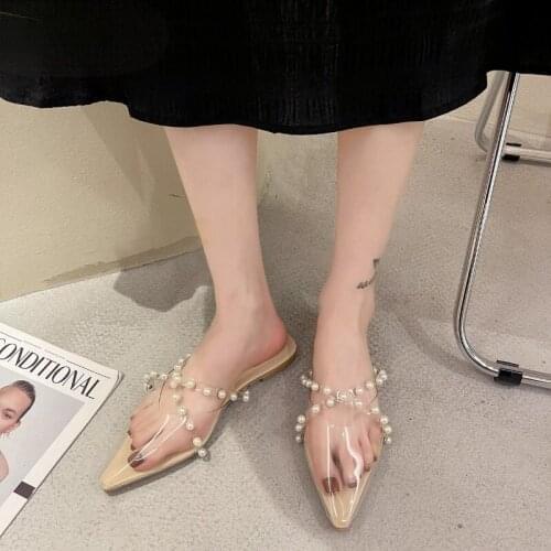 2021 New Women Slippers Pearl Pointed Low Heel Half Slippers New Spring Summer Fashion Outdoor Casual Beach Slides Sandals Mules