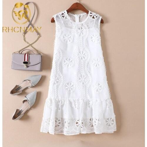 Elegant Floral Embroidery Hollow Out Lace Crochet Ruffles Dress 2020 Summer Women 's Sleeveless O-neck A-Line Mini Vest Dress