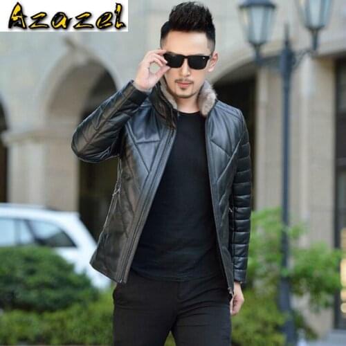 Winter new Mens down jacket leather Coat short slim mink fur collar Korean leather jacket men Business casual plus size jackets