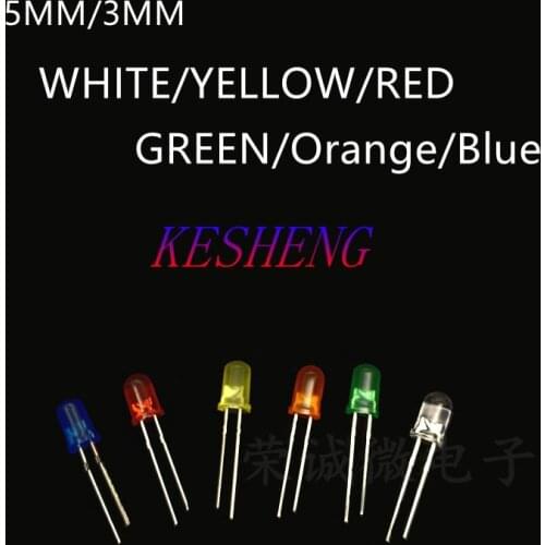 100PCS Light Emitting Diode 5MM/3MM DIP LED Warm White/Red/Yellow/Green/Blue bright F5 F3 high quality bead
