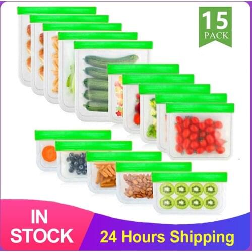 15Pcs/Set Of Silicone Food Bag Frosted PEVA Reusable Food Storage Bag Top Leak-Proof Food Freezer Bag Kitchen Fresh-Keeping Bag