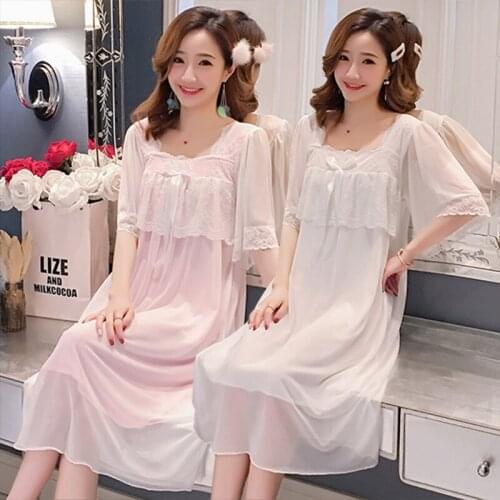 2021 Summer Cotton Short Sleeve Sweet Lace Princess Nightgowns for Women Cute Sleepwear Night Dress Nightdress Home Dress Nighty