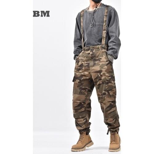 American Military Camouflage Overalls Fashion Removable Strap Tactical Cargo Pants Streetwear Men Clothing Straight Trousers