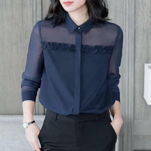 Womens Spring Autumn Style Blouse Shirt Womens Button Turn-Down Collar Solid Color Long Sleeve Korean Elegant Tops SP1099
