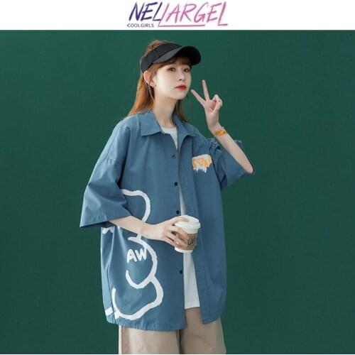 NELLARGEL Women Cartoon Kawaii Y2k Designer Shirts 2021 Summer Female Korean Fashion Vintage Streetwear Shirts Girl Hip Hop Tops