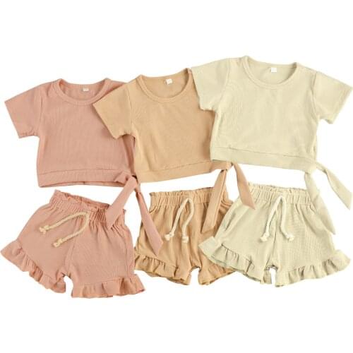 FOCUSNORM Summer Toddler Kids Girls Clothes Sets 2pcs Solid Short Sleeve T Shirts Ruffles Elastic Shorts 0-3Y