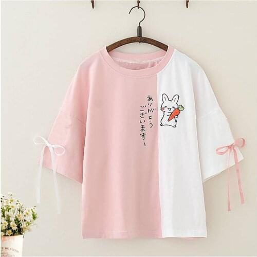 Japanese Style Rabbit Kawaii Women T Shirt 2021 Summer Cute Bunny Green Tops Girls Lolita Bow Short Sleeve Lace Up Tee Shirts