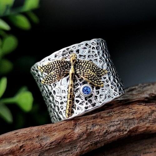 Fashion Vintage Dragonfly Ring Electroplating Thai Silver Gold Dragonfly with Sea Blue Stone Wide Ring Wedding Party Jewelry Hot