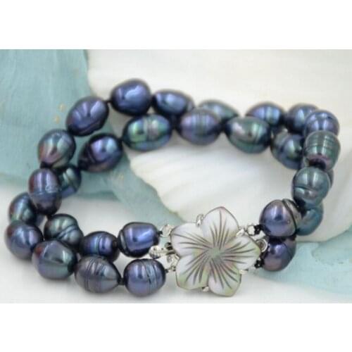 Beautiful 2 ROW natural 10-13mm natural south sea black blue pearl bracelet >ePacket free shipping