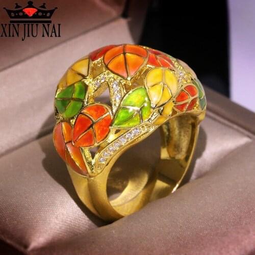 Creative ring female European and American Retro color enamel ring gold-plated color separation exaggerated flower ring jewelry