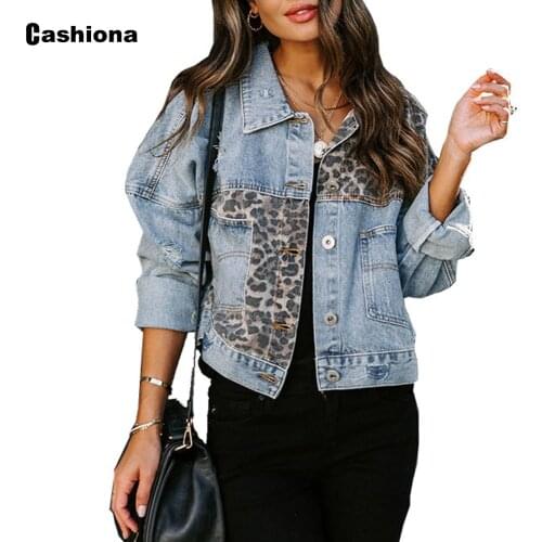 Cashiona Spring Autumn New Demin Jackets Women Patchwork Leopard Coats 2021 Single-breasted Jean Demin Outerwear Womens Clothing