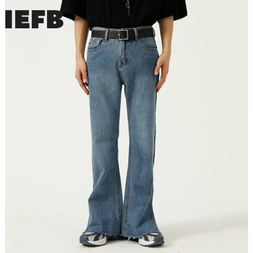 IEFB Mens 2021 New Korean Trend Color Matching Trend Side Split Casual Trumpet Jeans Men Vintage Streetwear Denim Trousers Tide