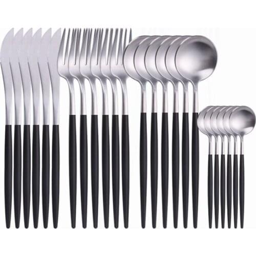 Western Cutlery Set 24 Piece Stainless Steel Tableware Black Silver Dinner Set Matte Spoon Fork Knife Dinnerware Set Tableware