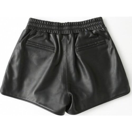 New Genuine Wide Leg Women 100% Sheepskin Real Leather Casual Sexy Ladies Loose High Waist Black Shorts