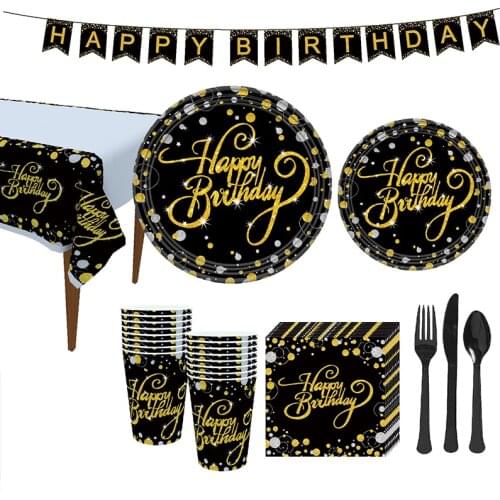 New Black Gold Happy Birthday Party Decorations Tableware Paper Cup Plate Napkins Tablecloth Banner Mens Birthday Party Supplies