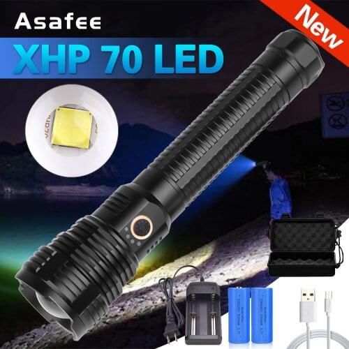 New Powerful LED Flashlight XLamp XHP70 USB Zoomable 3 modes Torch XHP70 18650 26650 Rechargeable Battery Flashlight