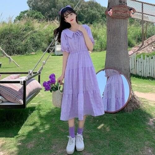 Dress Girl Student Summer Dress 2021 New Junior High School Students Korean Style Purple Long Dress Fairy Lady Super Fairy