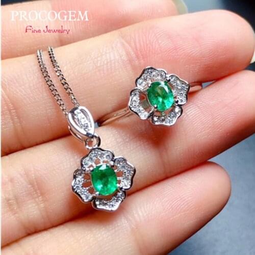 Lovely flower OL Natural Emerald Jewelry sets for Women gifts Necklace Ring 0.4Ctx2Pcs vs Real Green gems 925 Solid Silver #838