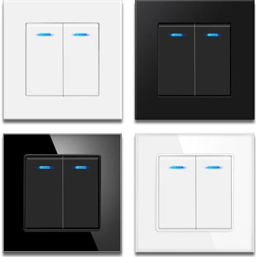 Luxury 2 Gang 2 Way Light Switch White | Black Panel,16A Pass Through Power On / Off Stair Wall Switch With Blue LED Indicator