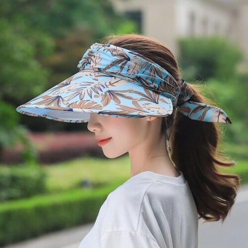Summer Women Brim Widening Empty Top Visor Hat Cycling Sport Tretchable Bowknot Ribbon Sun Hats Large Brim Beach Anti-UV Caps