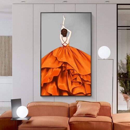 Modern Orange Dress Dancing Girl Wall Art Poster Print Fashion Woman Sexys Back Hallway Canvas Painting for Living Room Picture