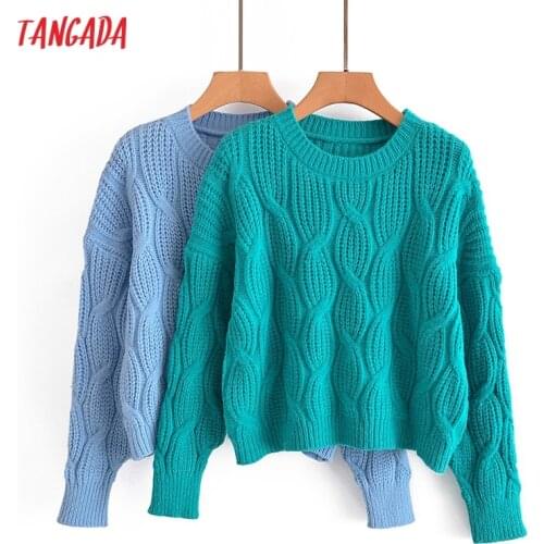 Tangada Women 2021 Fashion Twist Crop Knitted Sweater Jumper O Neck Female Elegant Oversize Pullovers Chic Tops 3A163