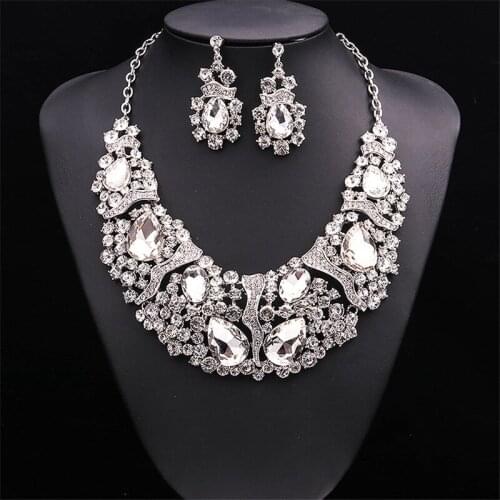 Bridal Wedding Prom Jewelry Crystal Rhinestone Necklace Earring Set For Women Gift Charm Dress Jewelry Set Rhinestone Accessory