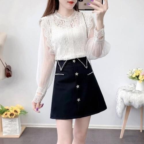 Women 2021 Spring Autumn New Fashion 2 Piece Suit Female Long Sleeve Mesh Lace Tops Ladies High Waist Black Short Skirt Set Q216