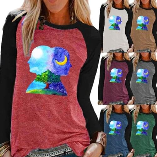 Ladies Autumn Fashion Casual Long Sleeve Shirt Top Women Round Neck Loose T-shirt Pullover Sweatshirt Oversized Print T-shirt