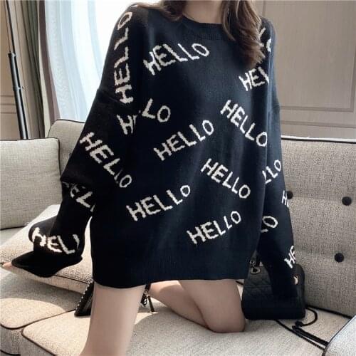 Long Sleeve Round Neck Womens Sweater Fashion korean Green Sweater Loose Hello Letter Casual Long Pullover Sweater 304G