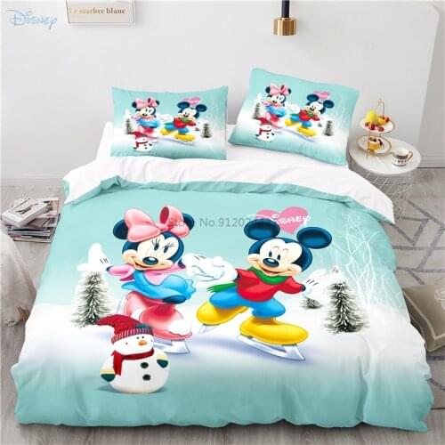 Winter Disney Mickey Mouse Minnie Mouse Couple Skiing Bedding Sets Elegant Digital Printing Bed Linen Cover Set Pillowcase Gifts