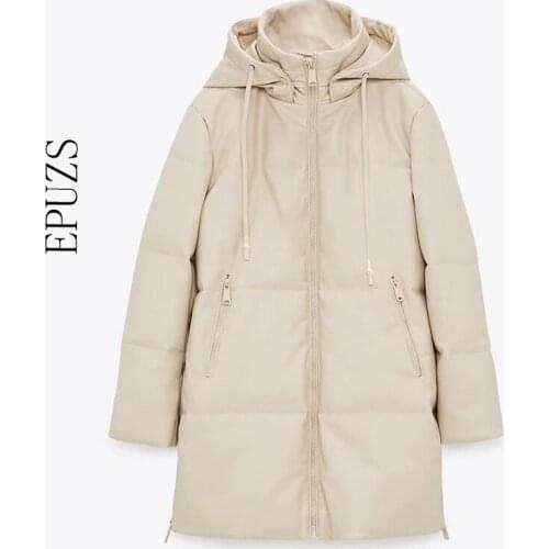 Winter Hooded parka Padded PU parka women Faux leather jacket female loose zipper overcoat casual warm long coats 2021