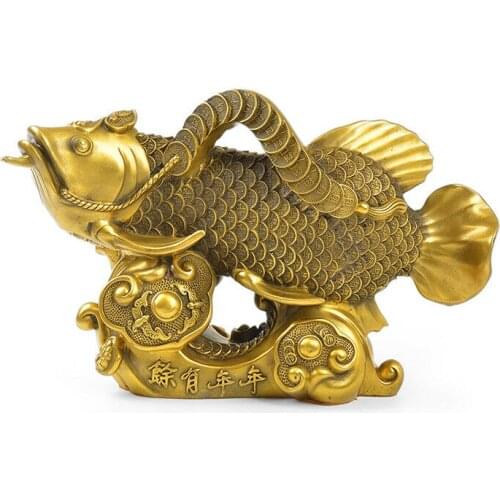 15'' brass copper home fengshui decor auspicious fortune treasure fish statue