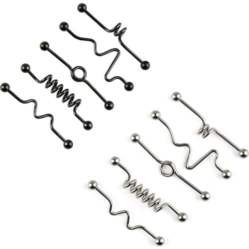 5pcs Industrial Barbell Earring Stainless Steel 14 Gauge1/2 Inch(38mm) Straight Coil Wave Twiste Cartilage Earring Body Piercing