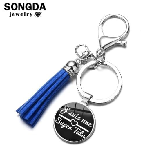 SONGDA Top Grade Silver Plated Family Key Chain Gift for Aunt French Language Je Suis Une Tata Qui Déchire Quote Tassel Keychain